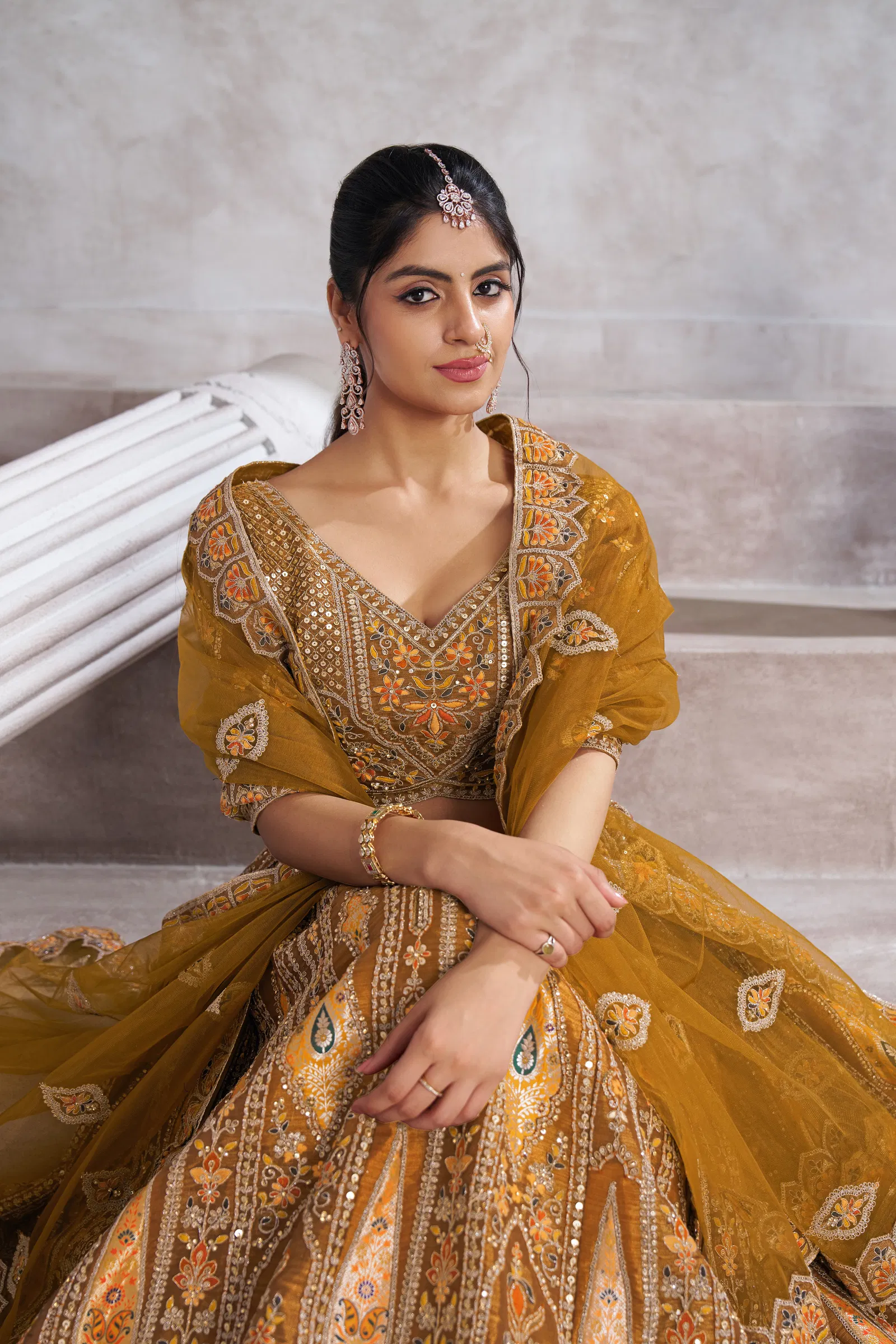Kf 32 Mustard Banarasi Silk Patch Work Semi Bridal Lehenga Choli Wholesale Clothing Suppliers In India
